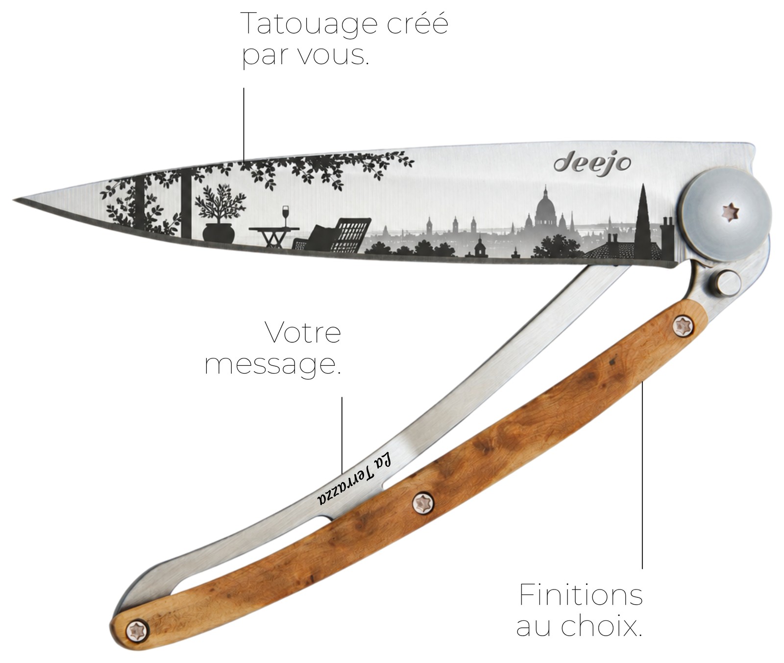Deejo 37 g personnalisé : tatouage sur mesure gravé sur la lame et dédicace sur le manche