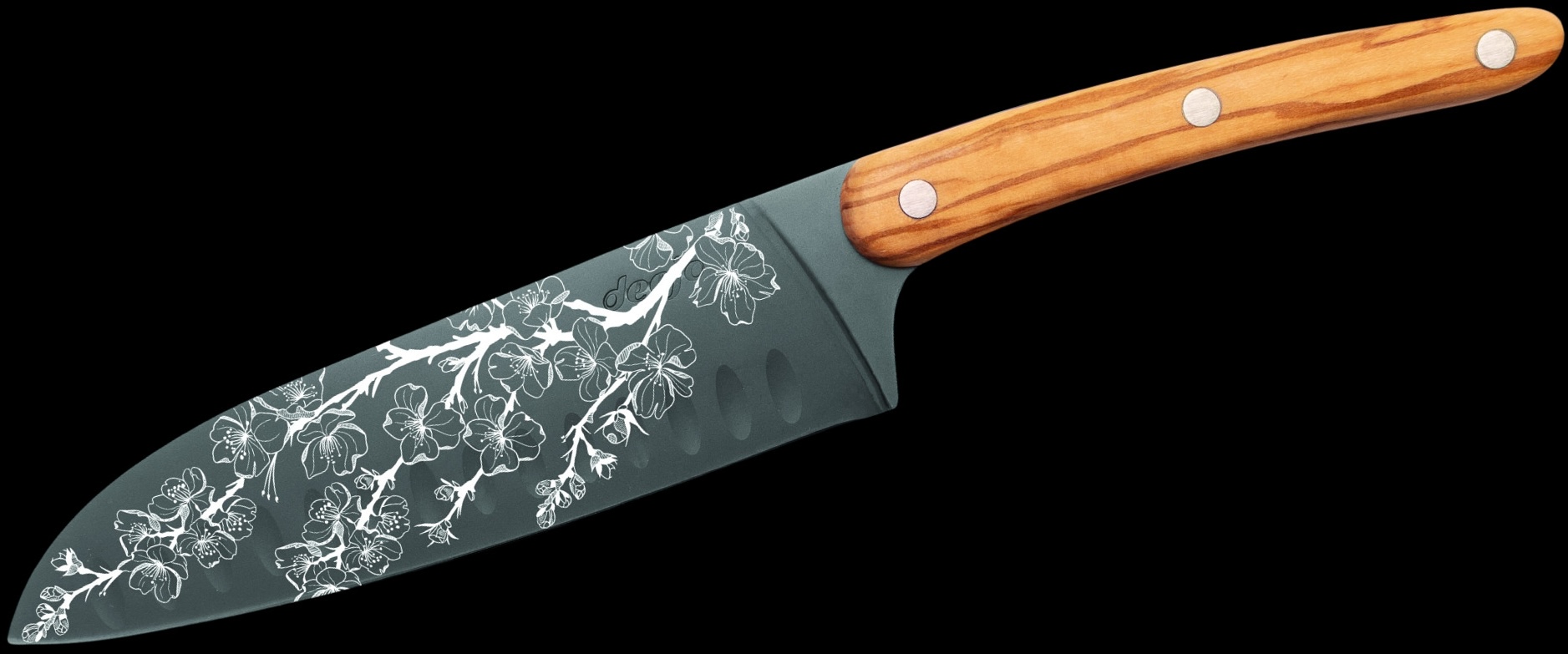 Couteau de cuisine Deejo — Acier allemand, motif signature, bois d'olivier