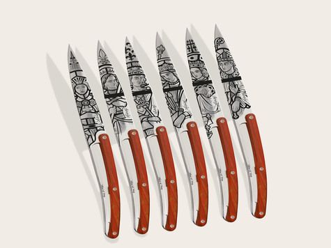 6 Deejo steak knives, Coral wood / Mikael de Poissy - History of France